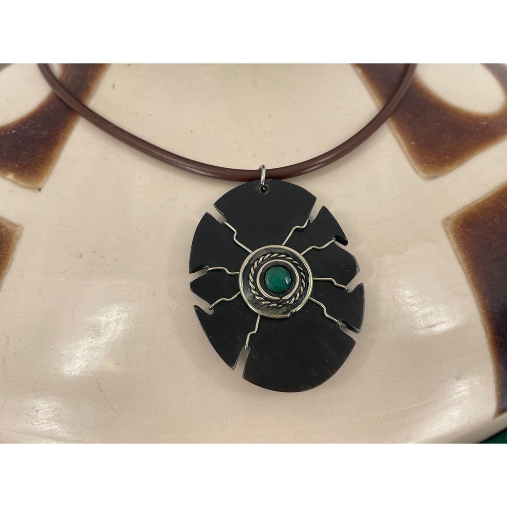 Vtg Artisan Carved Horn Turquoise Necklace Modernist Leather Statement Pendant